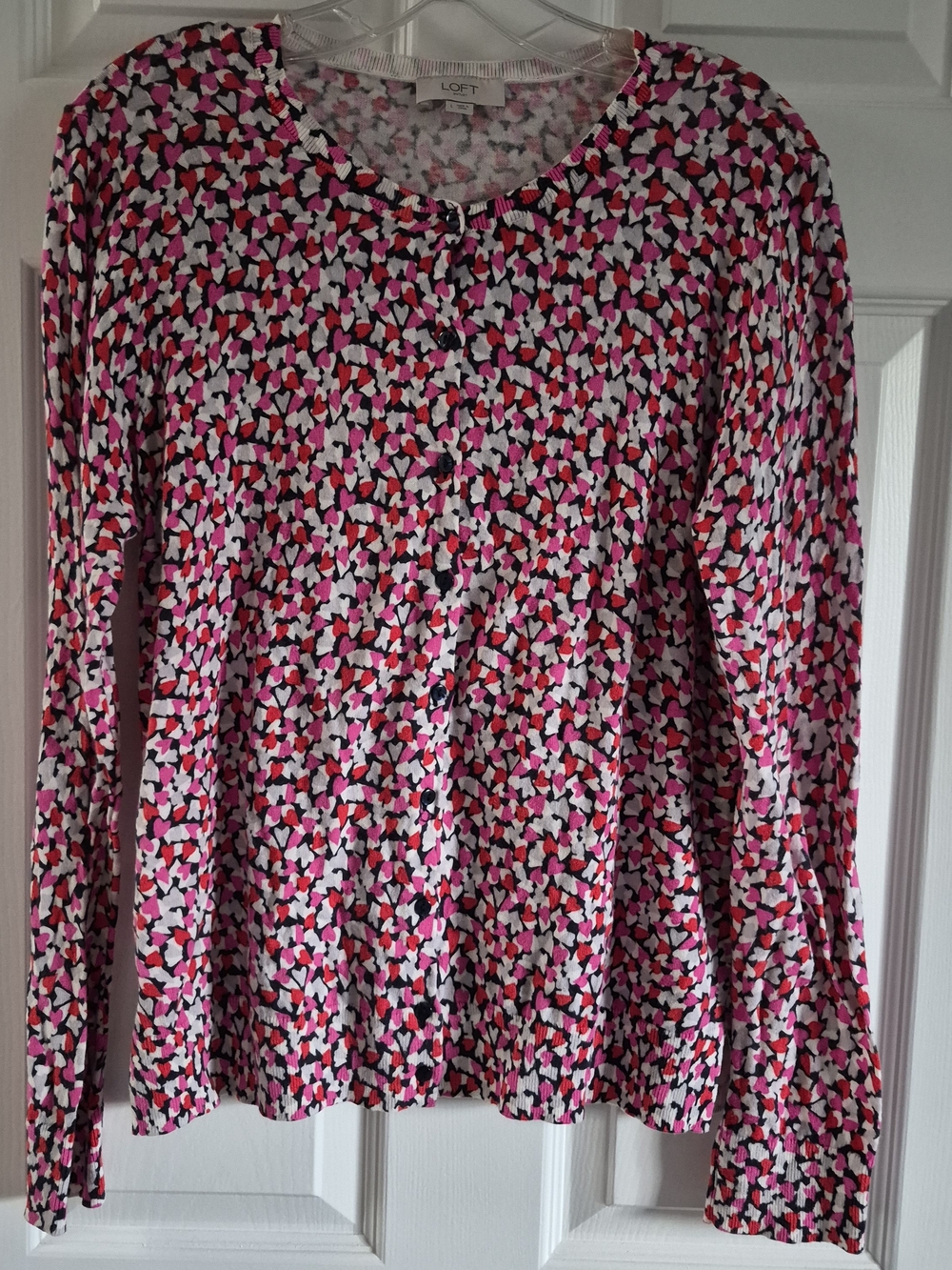 LOFT Women’s Pink Multi Heart-Print Long Sleeve Top L